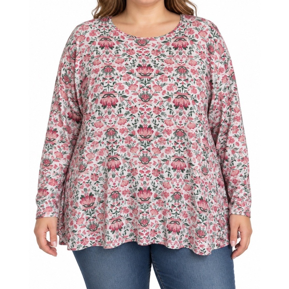 Croft Barrow Womens Plus 3X Classic Tee Pink Floral 100% Cotton Long Sleeve Top